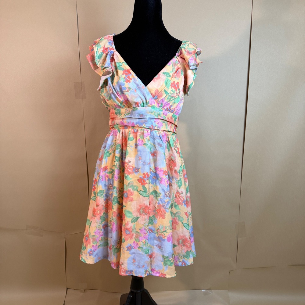 Altar'd State Floral Print‎ Dress Ruffle Sleeves V-Neck Open Back Large